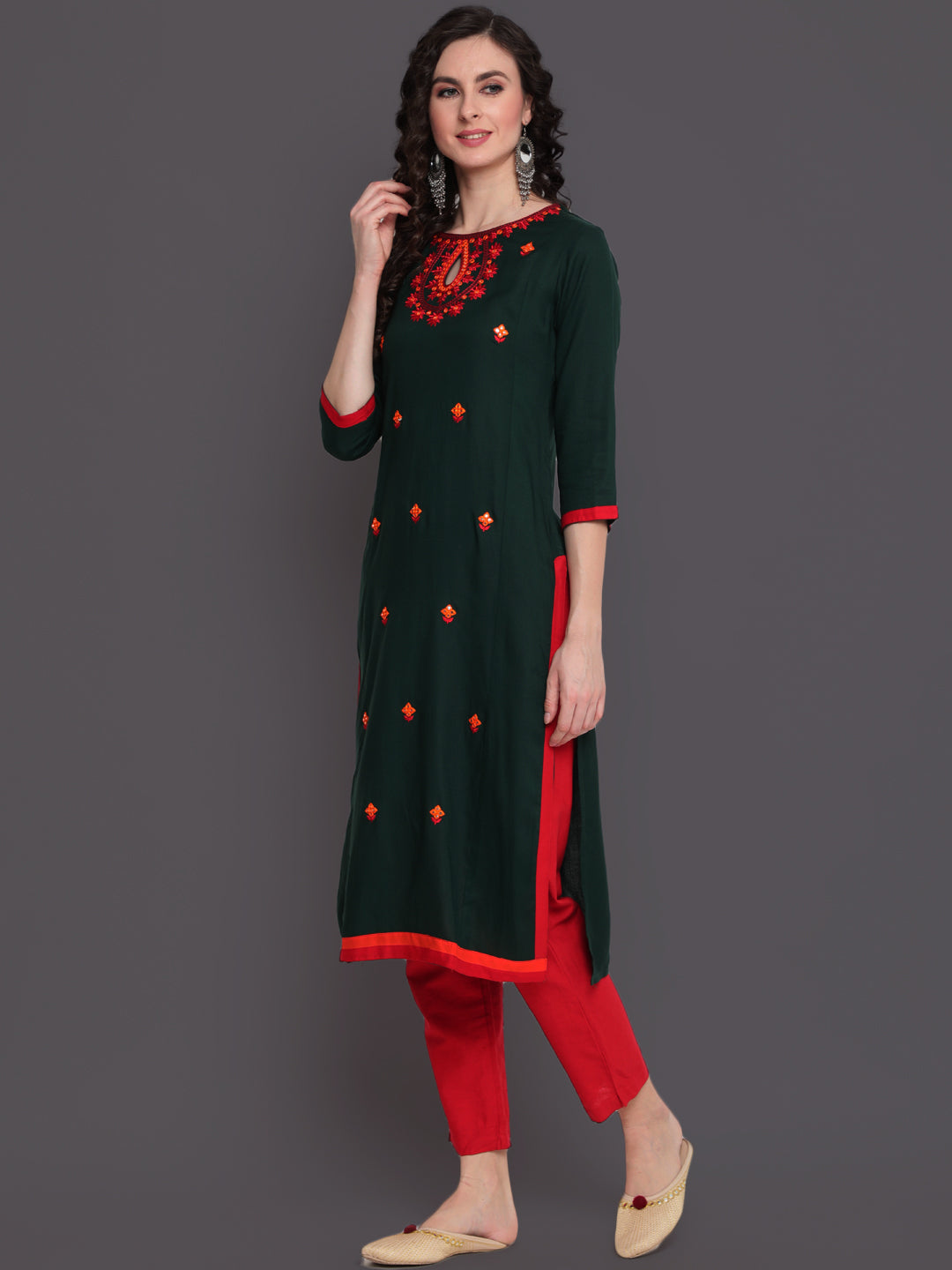 Embroidered Straight Calf Length 3/4 Sleeves Keywhole Neck Rayon Kurti