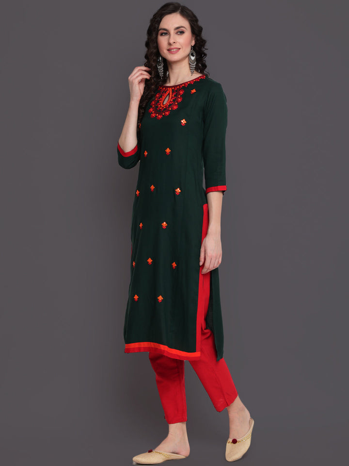 Embroidered Straight Calf Length 3/4 Sleeves Keywhole Neck Rayon Kurti