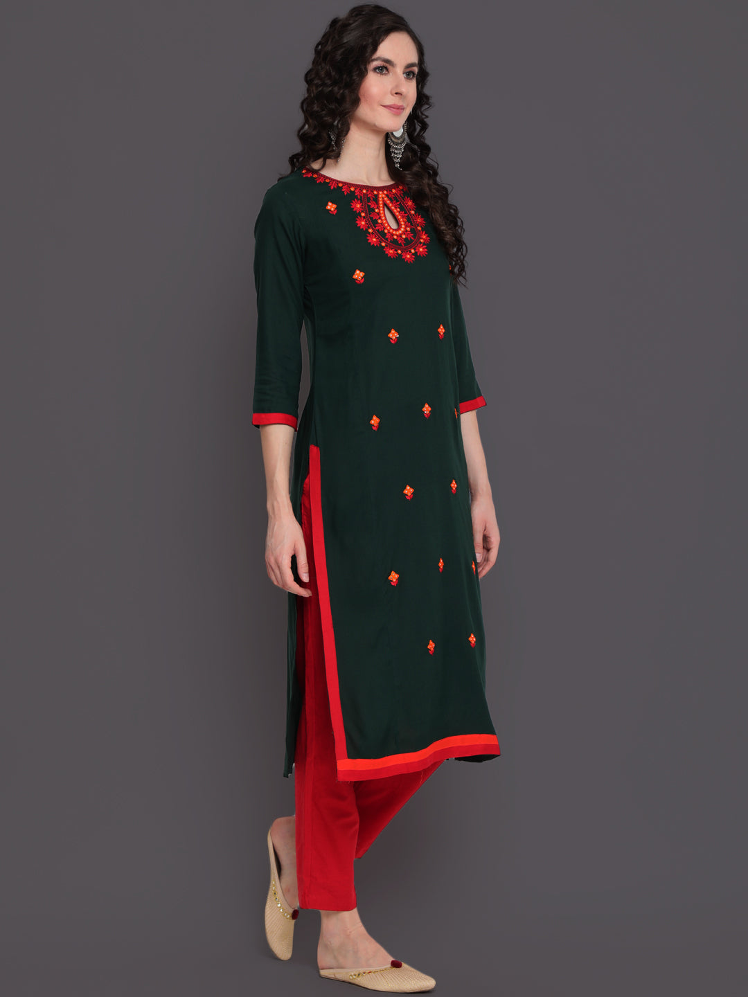 Embroidered Straight Calf Length 3/4 Sleeves Keywhole Neck Rayon Kurti