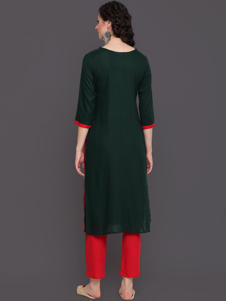 Embroidered Straight Calf Length 3/4 Sleeves Keywhole Neck Rayon Kurti
