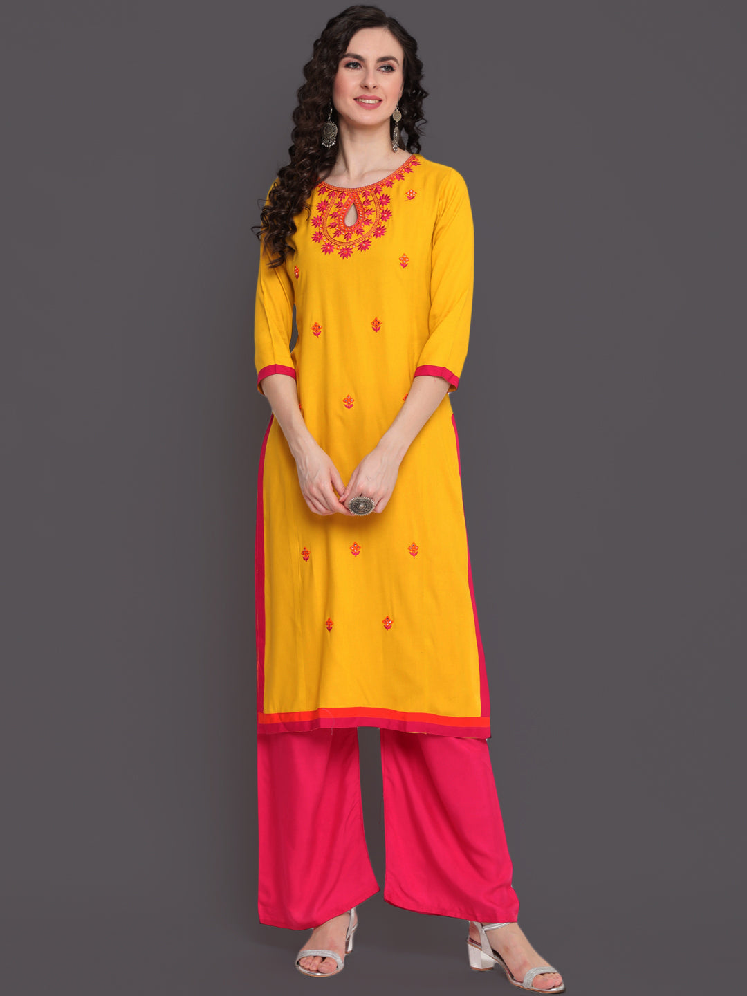 Embroidered Straight Calf Length 3/4 Sleeves Keywhole Neck Rayon Kurti