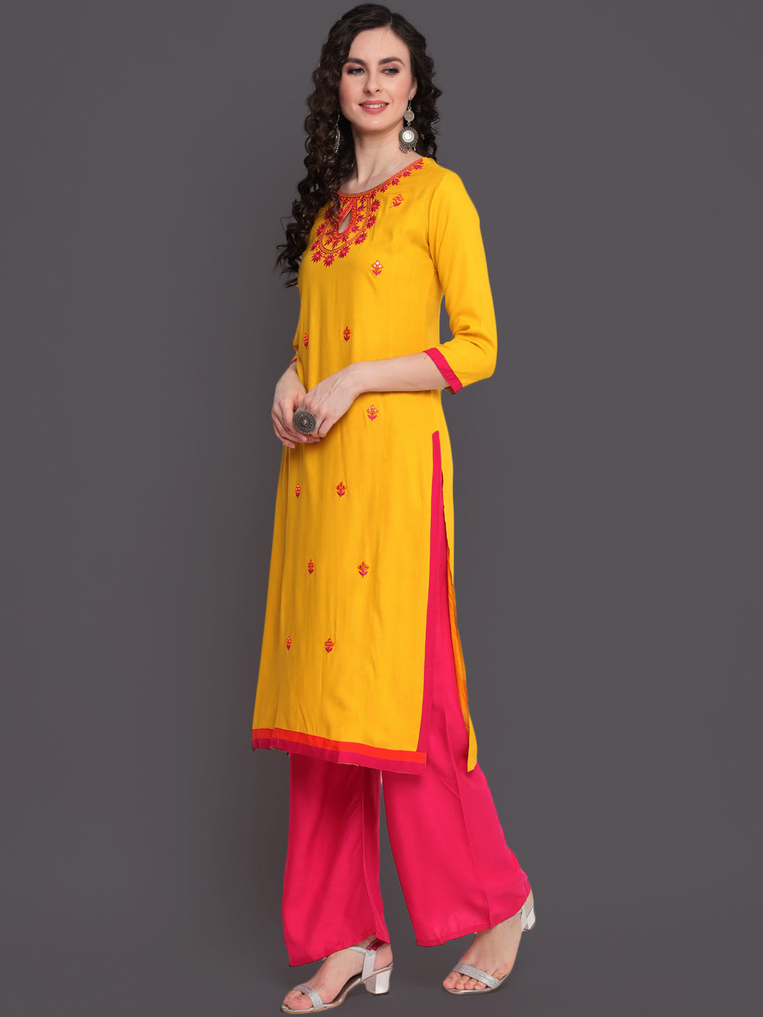 Embroidered Straight Calf Length 3/4 Sleeves Keywhole Neck Rayon Kurti