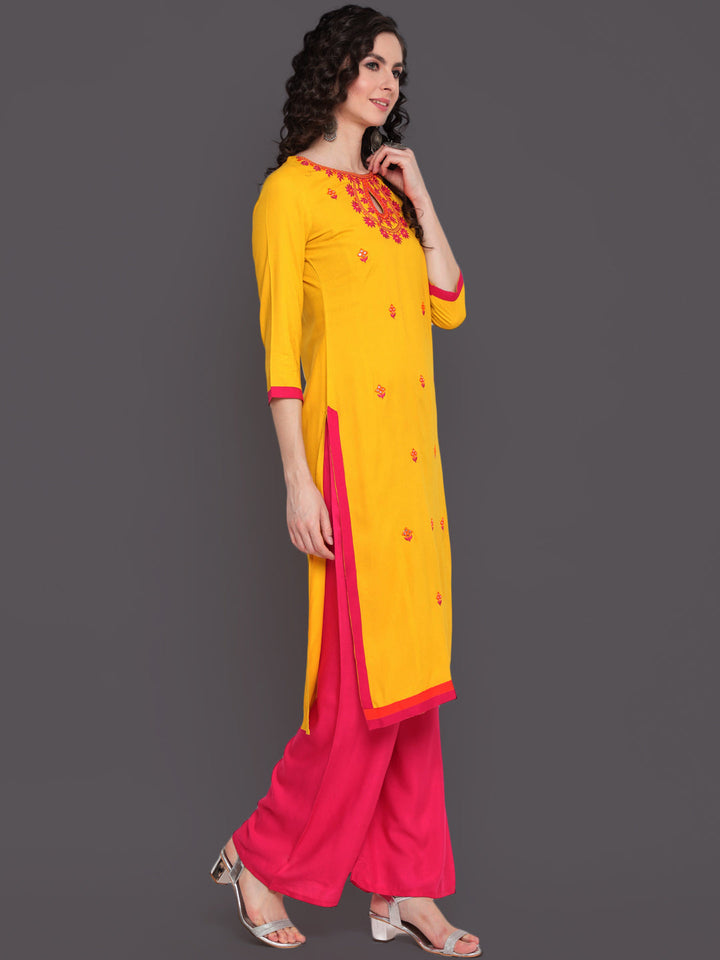 Embroidered Straight Calf Length 3/4 Sleeves Keywhole Neck Rayon Kurti