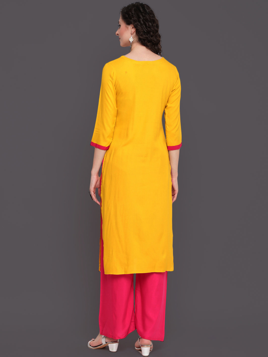 Embroidered Straight Calf Length 3/4 Sleeves Keywhole Neck Rayon Kurti