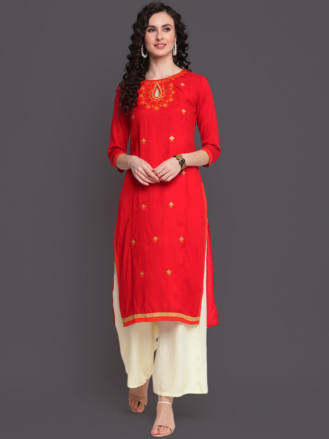 Embroidered Straight Calf Length 3/4 Sleeves Keywhole Neck Rayon Kurti