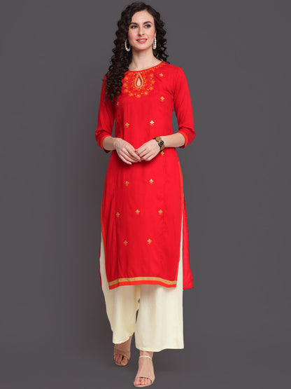 Embroidered Straight Calf Length 3/4 Sleeves Keywhole Neck Rayon Kurti