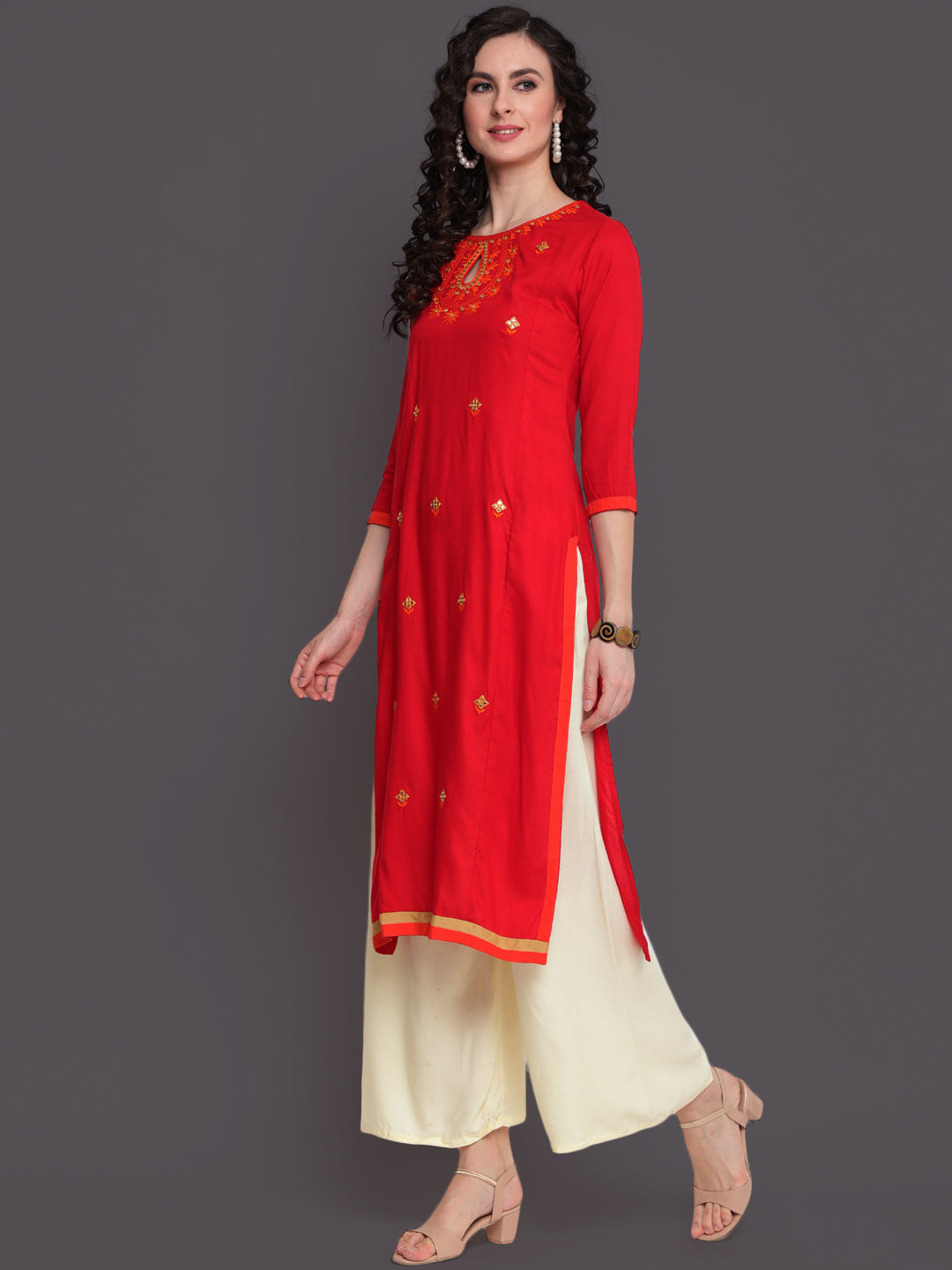 Embroidered Straight Calf Length 3/4 Sleeves Keywhole Neck Rayon Kurti