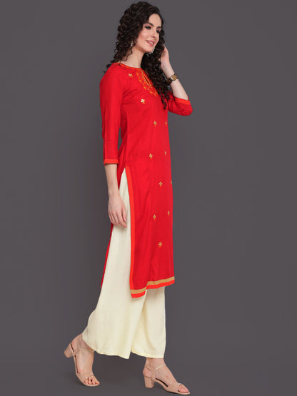 Embroidered Straight Calf Length 3/4 Sleeves Keywhole Neck Rayon Kurti