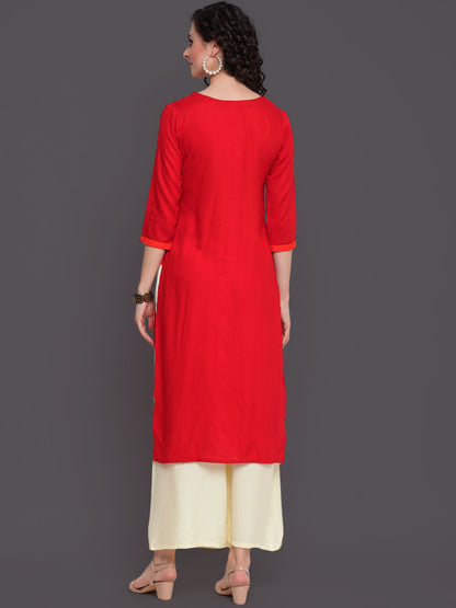 Embroidered Straight Calf Length 3/4 Sleeves Keywhole Neck Rayon Kurti