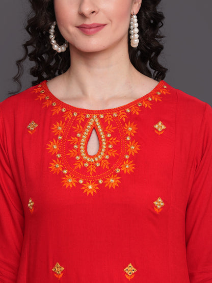 Embroidered Straight Calf Length 3/4 Sleeves Keywhole Neck Rayon Kurti