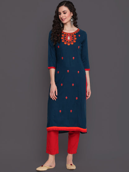 Embroidered Straight Calf Length 3/4 Sleeves Keywhole Neck Rayon Kurti