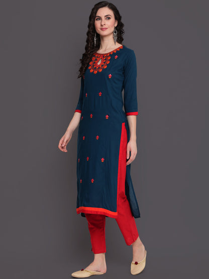 Embroidered Straight Calf Length 3/4 Sleeves Keywhole Neck Rayon Kurti