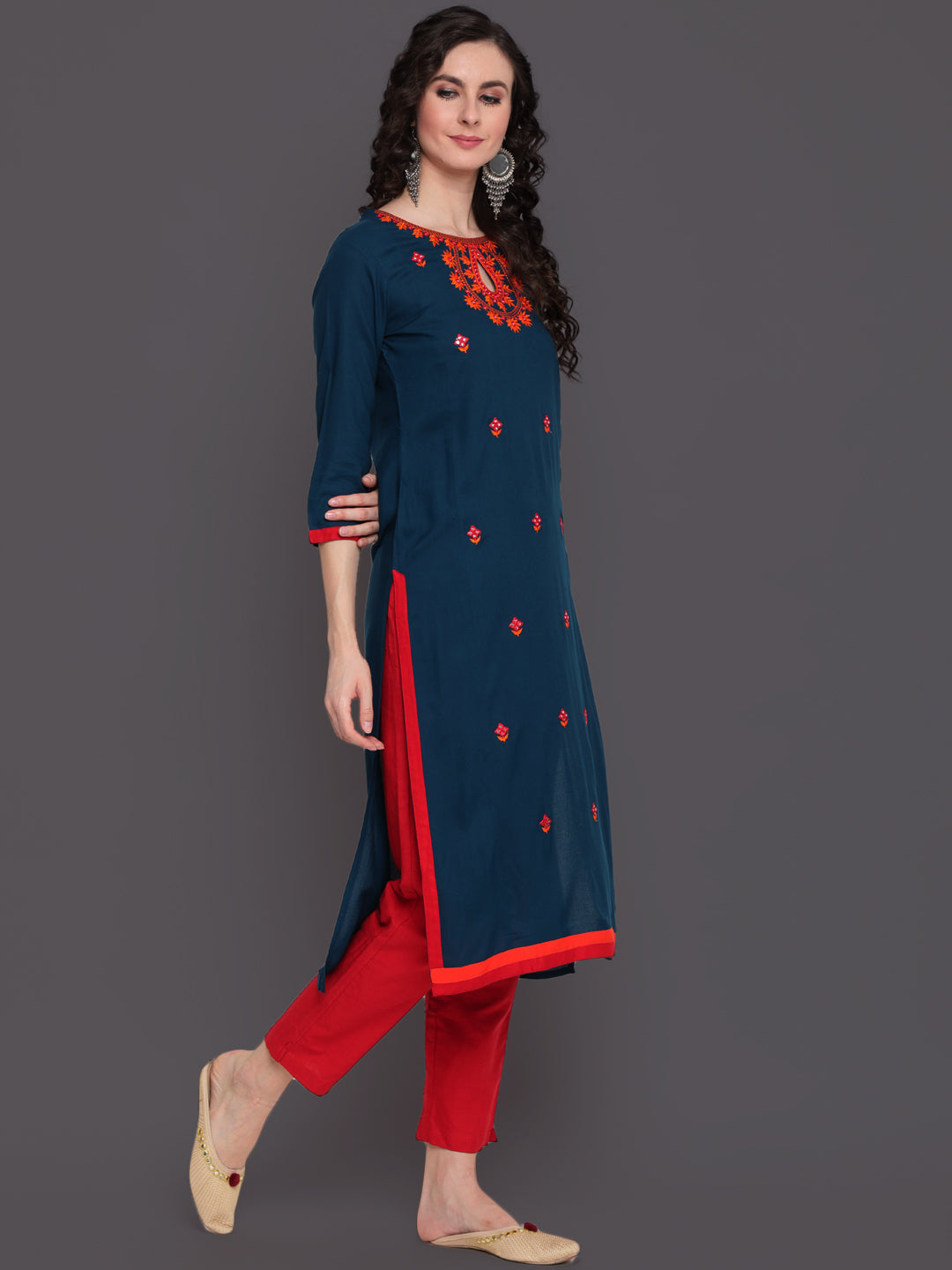 Embroidered Straight Calf Length 3/4 Sleeves Keywhole Neck Rayon Kurti