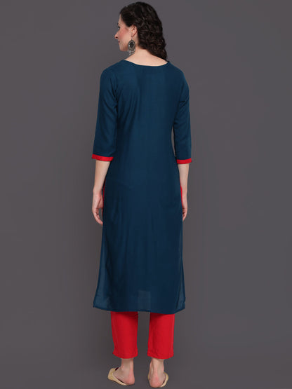 Embroidered Straight Calf Length 3/4 Sleeves Keywhole Neck Rayon Kurti