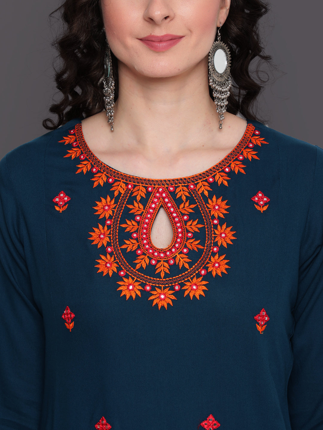 Embroidered Straight Calf Length 3/4 Sleeves Keywhole Neck Rayon Kurti