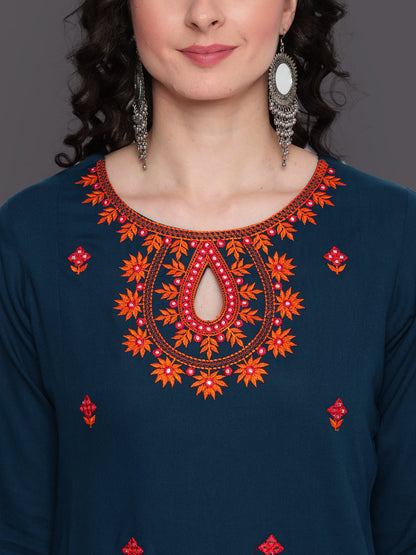 Embroidered Straight Calf Length 3/4 Sleeves Keywhole Neck Rayon Kurti