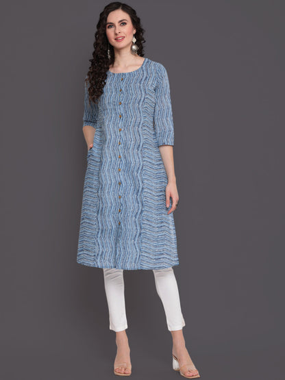 Indigo Printed Straight Calf Length 3/4 Sleeves Round Neck Cotton Kurta