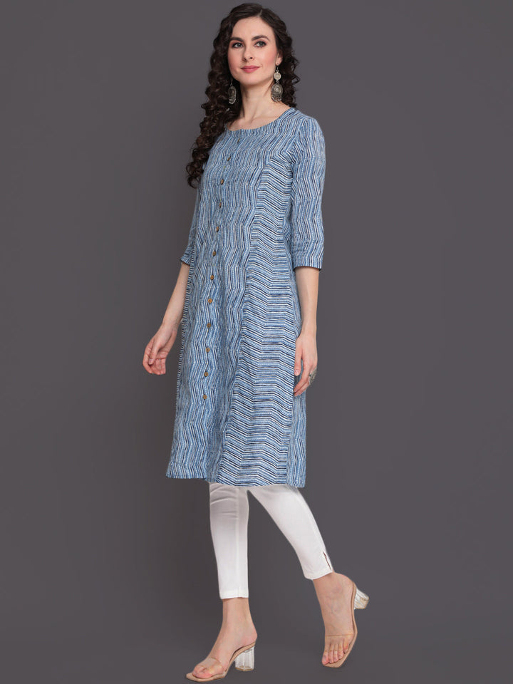 Indigo Printed Straight Calf Length 3/4 Sleeves Round Neck Cotton Kurta