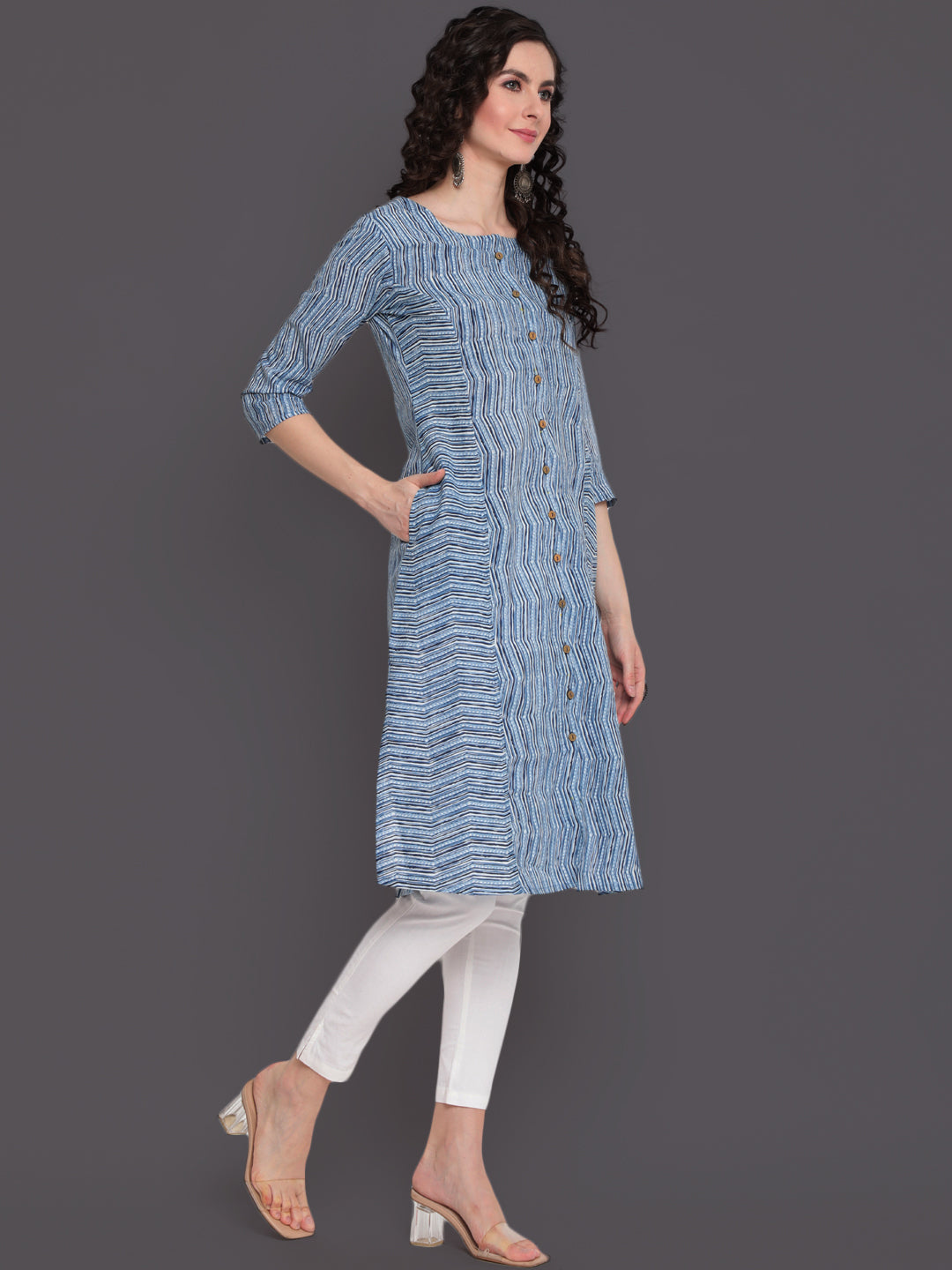 Indigo Printed Straight Calf Length 3/4 Sleeves Round Neck Cotton Kurta