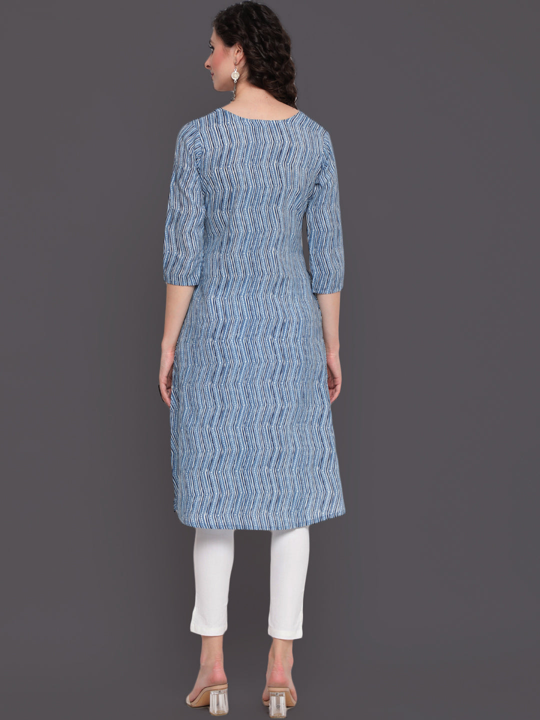 Indigo Printed Straight Calf Length 3/4 Sleeves Round Neck Cotton Kurta