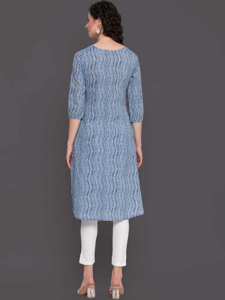 Indigo Printed Straight Calf Length 3/4 Sleeves Round Neck Cotton Kurta