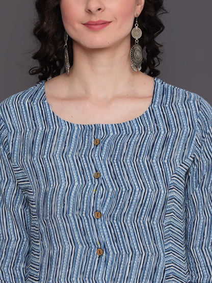 Indigo Printed Straight Calf Length 3/4 Sleeves Round Neck Cotton Kurta