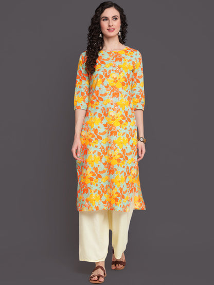 Printed Straight Calf Length 3/4 Sleeves Round Neck Cotton Slub Kurta
