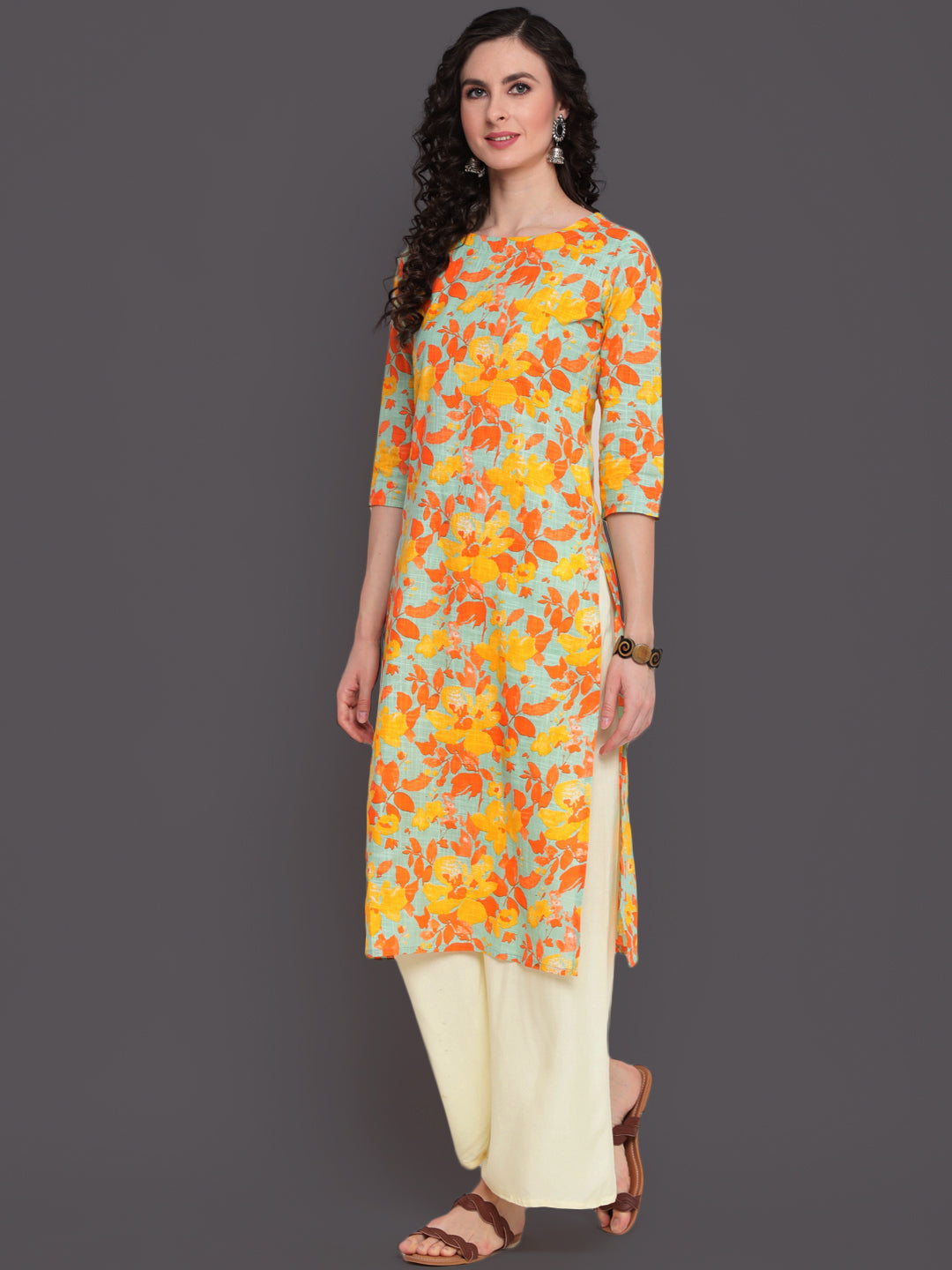 Printed Straight Calf Length 3/4 Sleeves Round Neck Cotton Slub Kurta