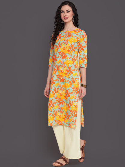 Printed Straight Calf Length 3/4 Sleeves Round Neck Cotton Slub Kurta