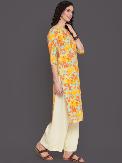 Printed Straight Calf Length 3/4 Sleeves Round Neck Cotton Slub Kurta