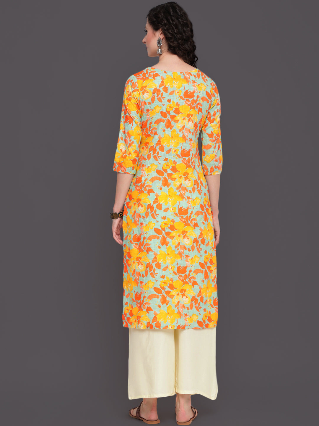 Printed Straight Calf Length 3/4 Sleeves Round Neck Cotton Slub Kurta