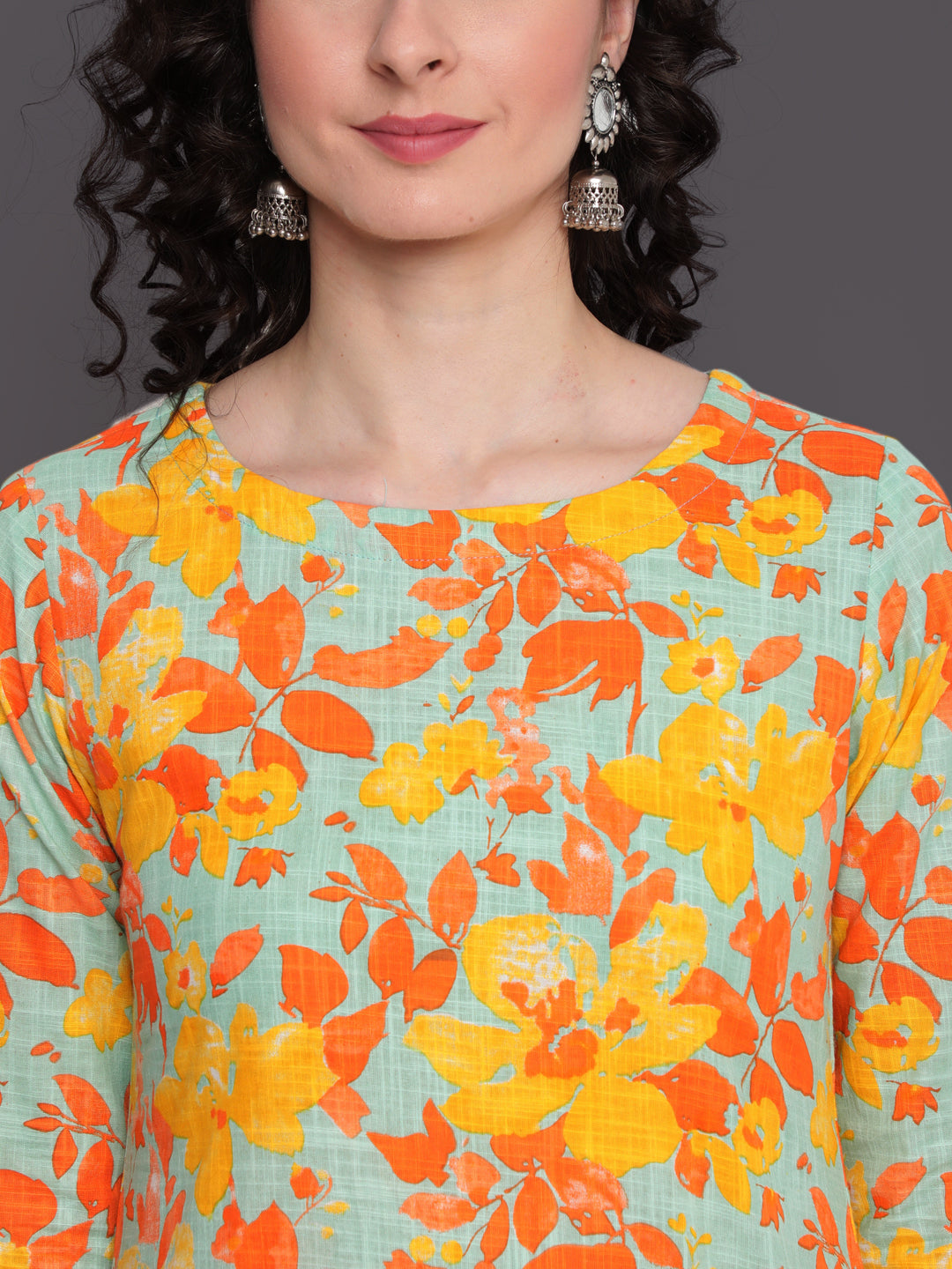 Printed Straight Calf Length 3/4 Sleeves Round Neck Cotton Slub Kurta