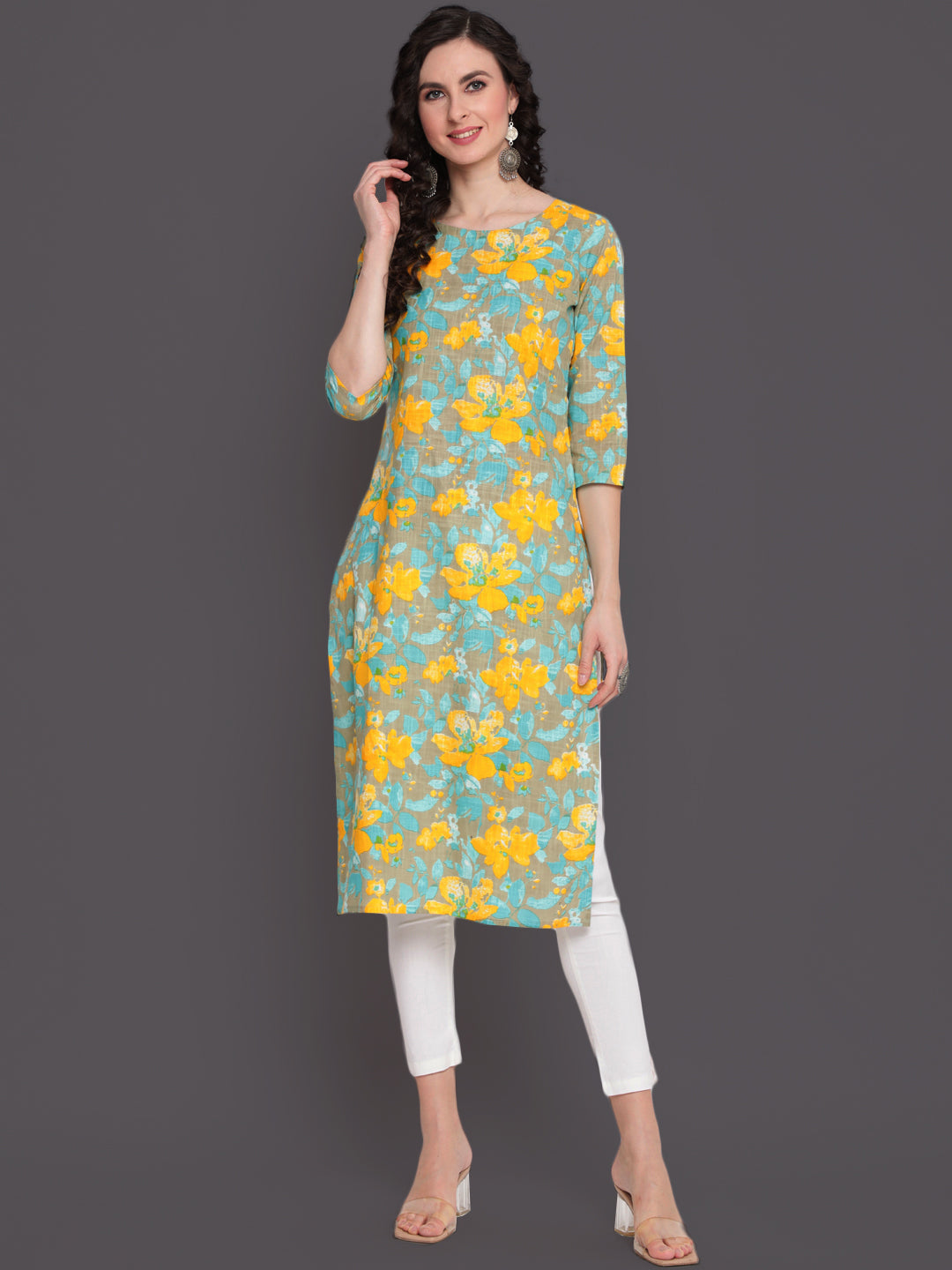Printed Straight Calf Length 3/4 Sleeves Round Neck Cotton Slub Kurta