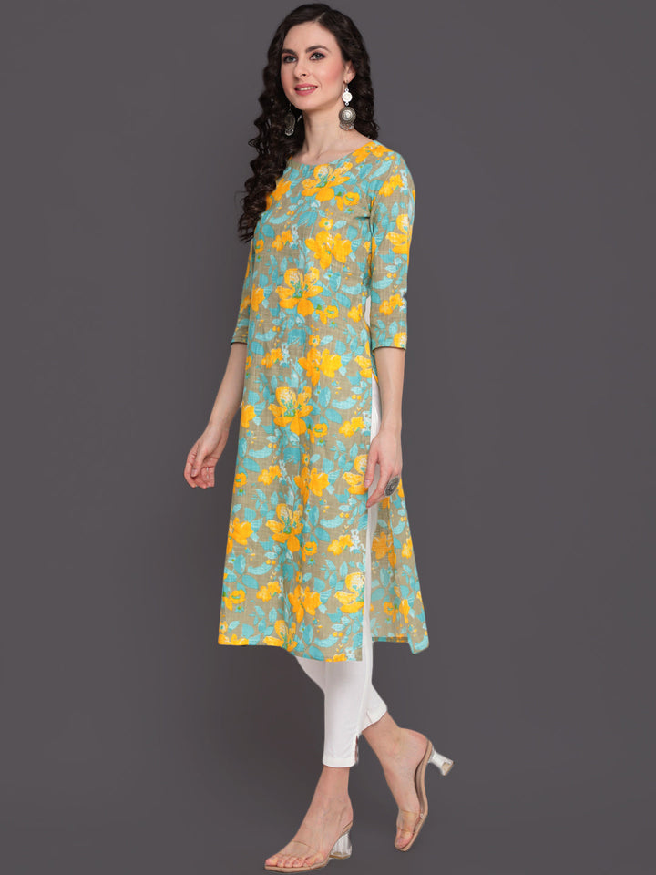 Printed Straight Calf Length 3/4 Sleeves Round Neck Cotton Slub Kurta