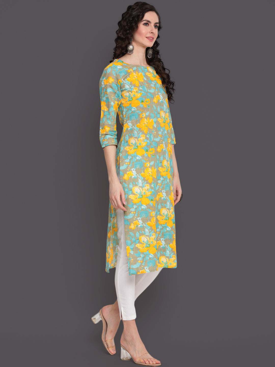 Printed Straight Calf Length 3/4 Sleeves Round Neck Cotton Slub Kurta