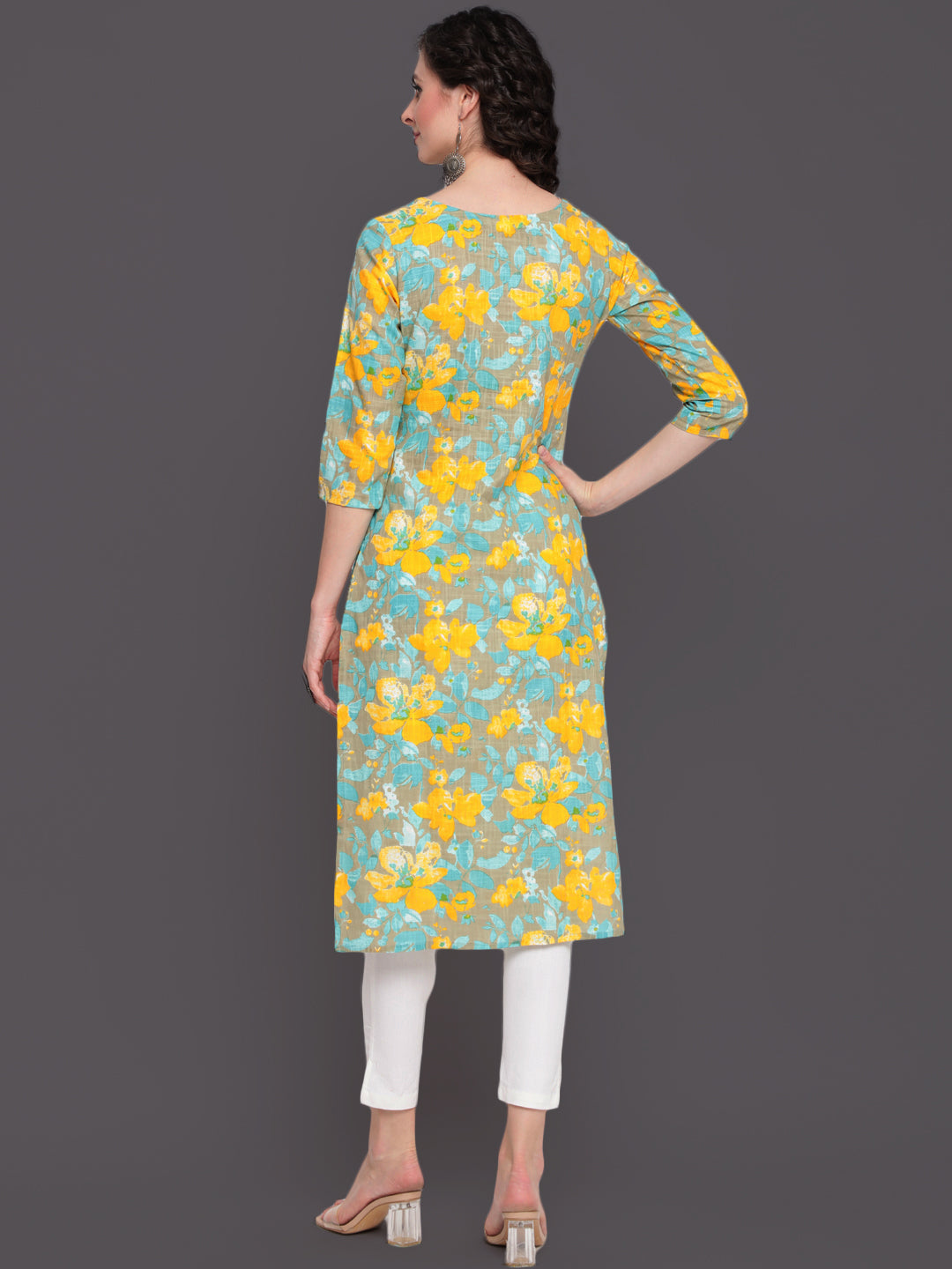 Printed Straight Calf Length 3/4 Sleeves Round Neck Cotton Slub Kurta