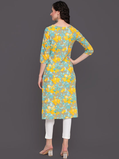 Printed Straight Calf Length 3/4 Sleeves Round Neck Cotton Slub Kurta