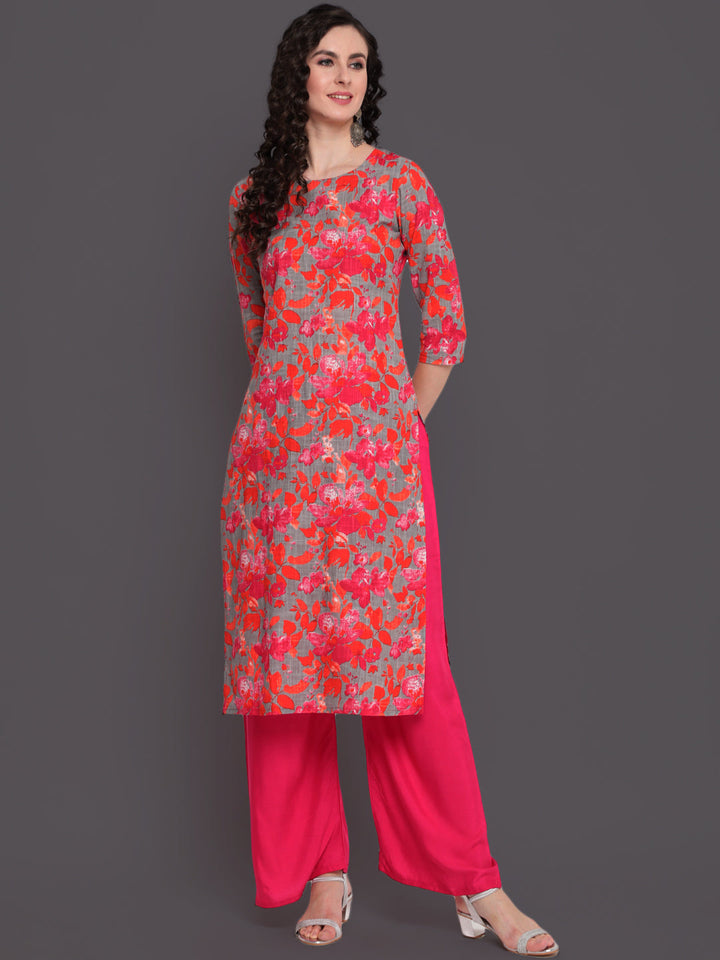 Printed Straight Calf Length 3/4 Sleeves Round Neck Cotton Slub Kurta
