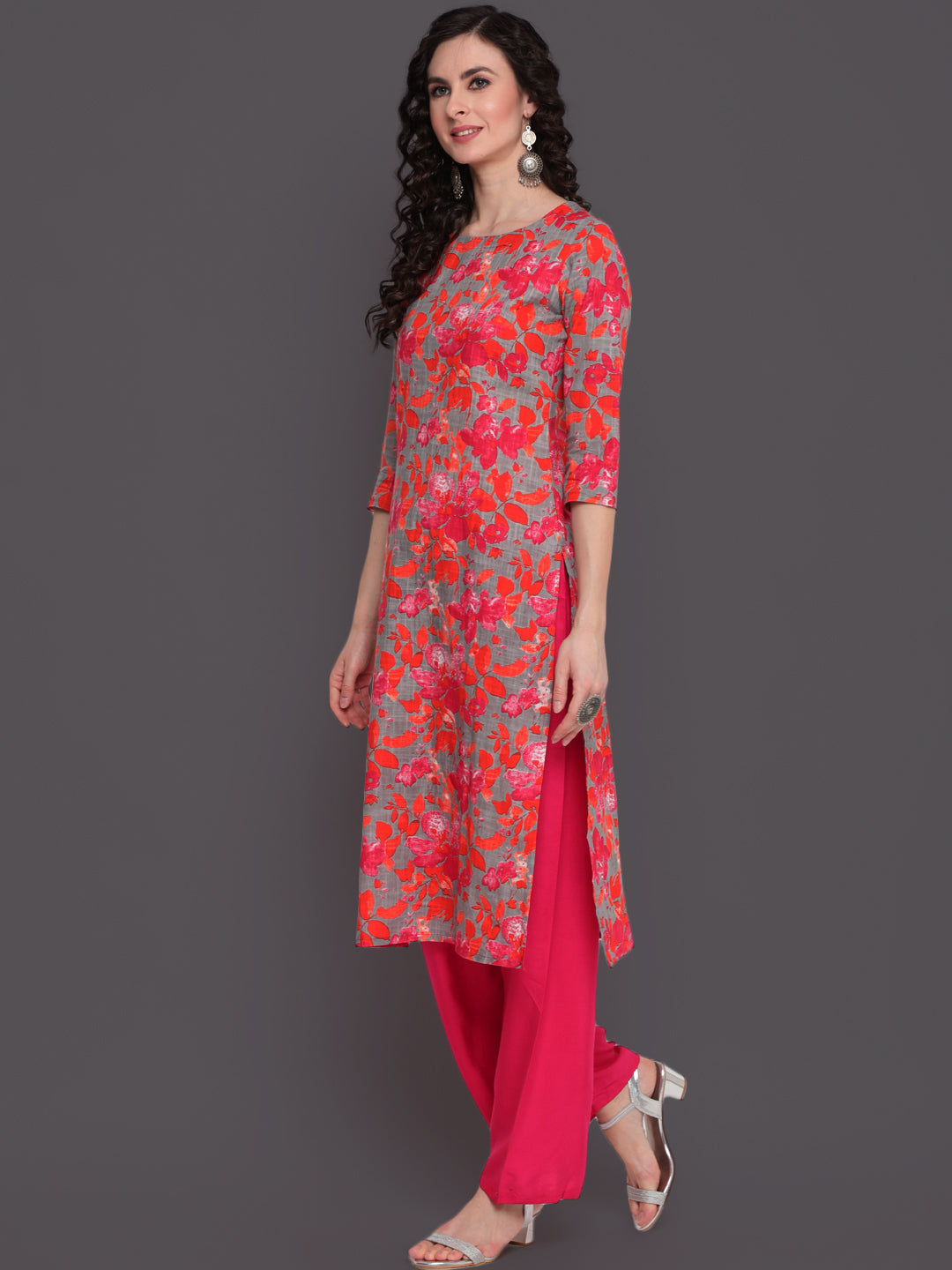 Printed Straight Calf Length 3/4 Sleeves Round Neck Cotton Slub Kurta