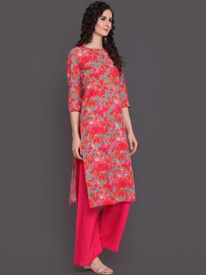 Printed Straight Calf Length 3/4 Sleeves Round Neck Cotton Slub Kurta
