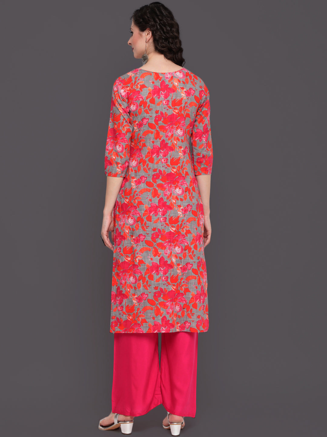 Printed Straight Calf Length 3/4 Sleeves Round Neck Cotton Slub Kurta
