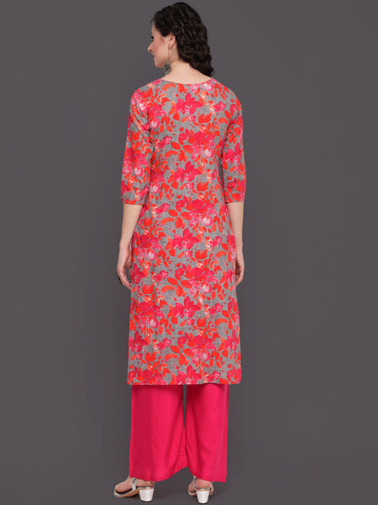 Printed Straight Calf Length 3/4 Sleeves Round Neck Cotton Slub Kurta