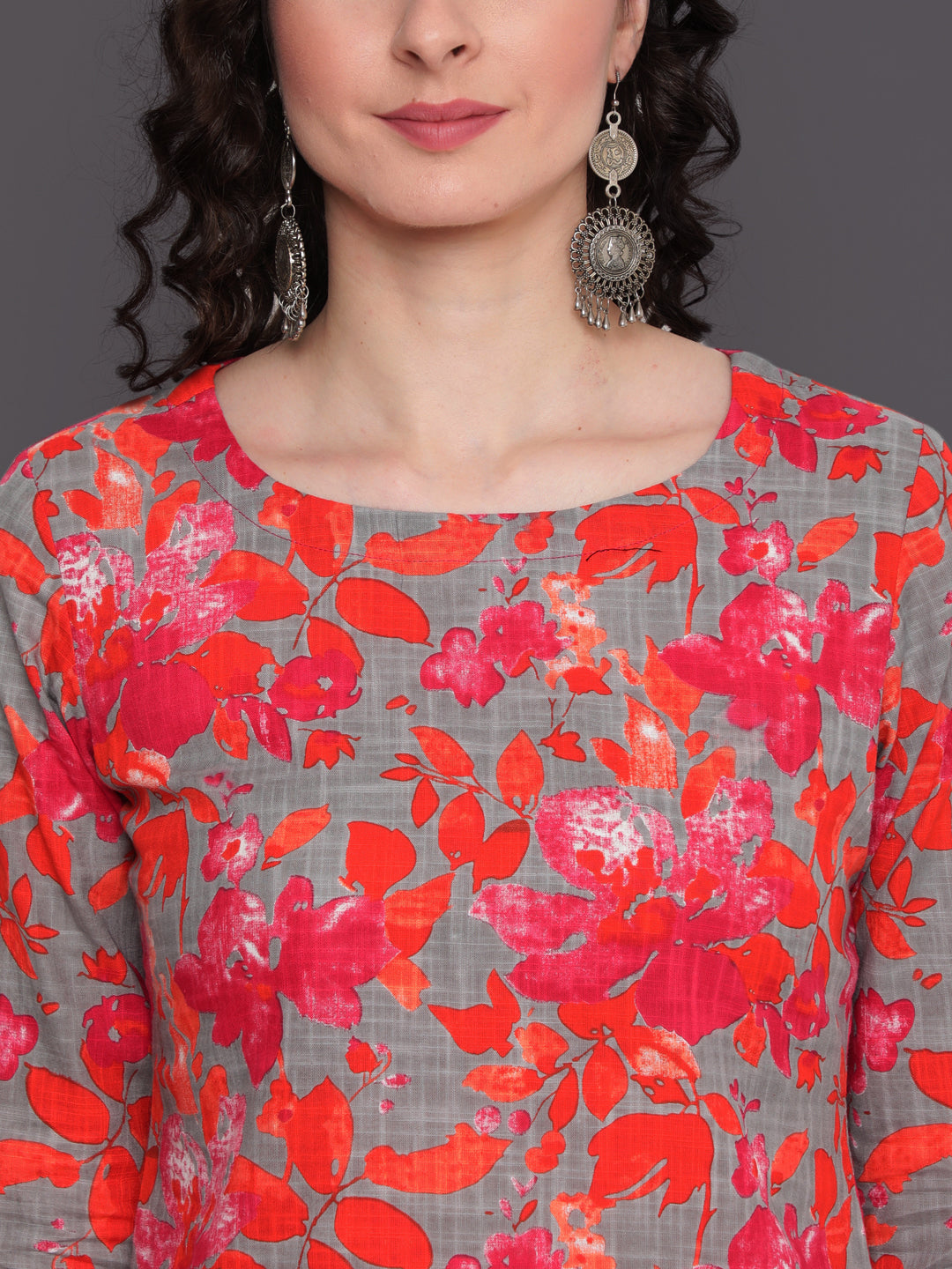 Printed Straight Calf Length 3/4 Sleeves Round Neck Cotton Slub Kurta