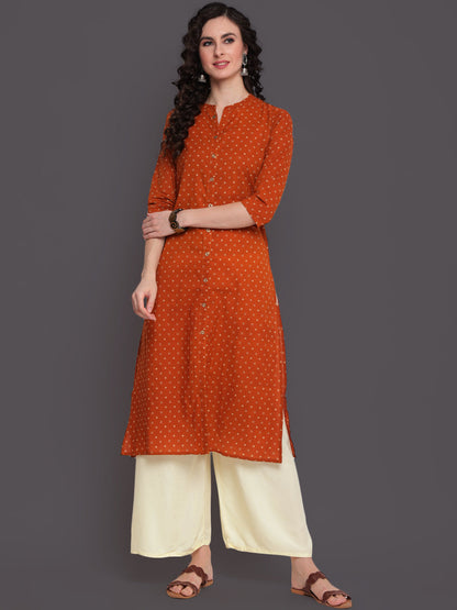 Printed Straight Calf Length 3/4 Sleeves Collor Neck Cotton Kurta