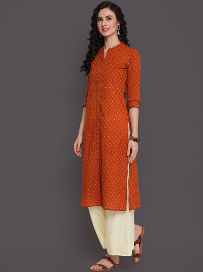 Printed Straight Calf Length 3/4 Sleeves Collor Neck Cotton Kurta