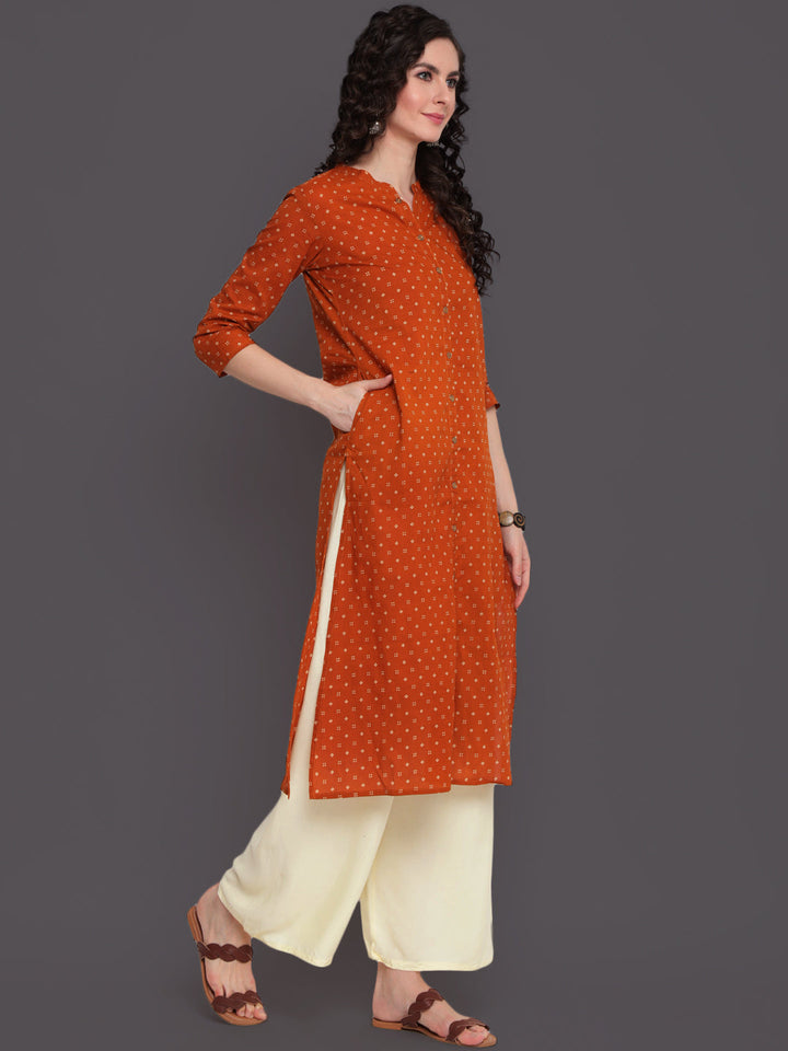 Printed Straight Calf Length 3/4 Sleeves Collor Neck Cotton Kurta