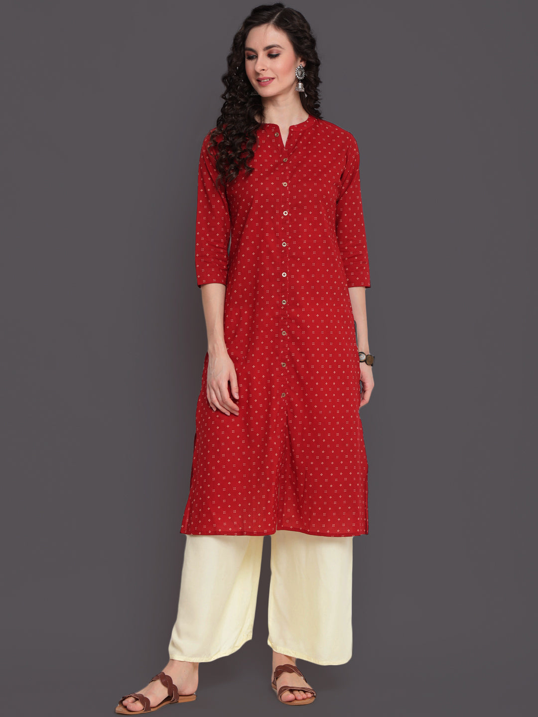 Printed Straight Calf Length 3/4 Sleeves Collor Neck Cotton Kurta