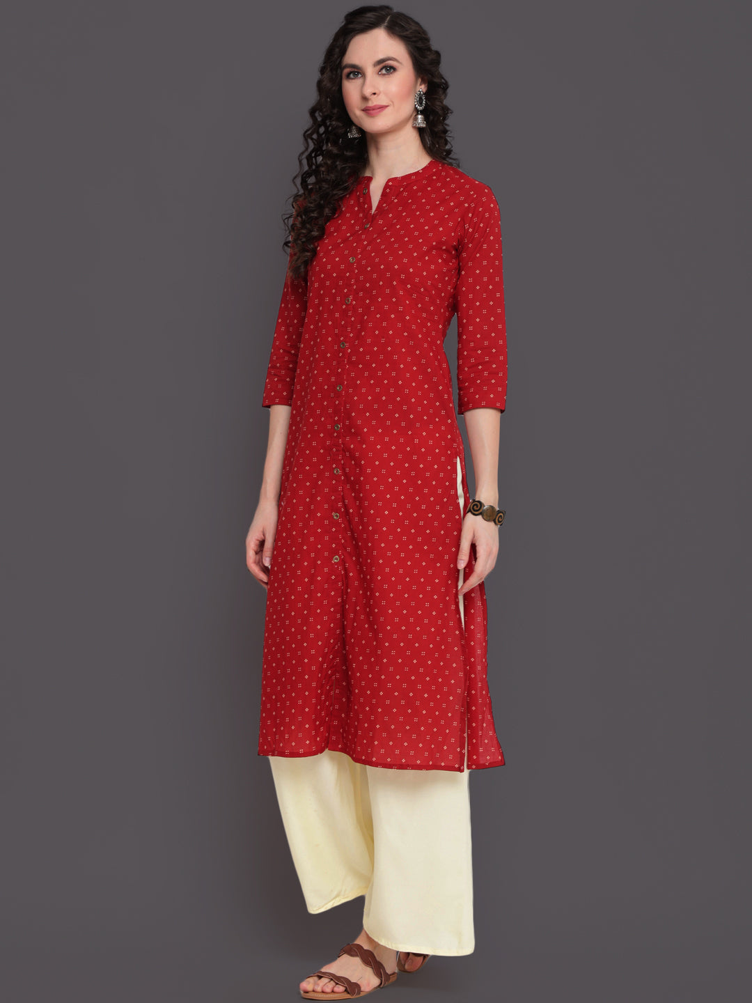 Printed Straight Calf Length 3/4 Sleeves Collor Neck Cotton Kurta