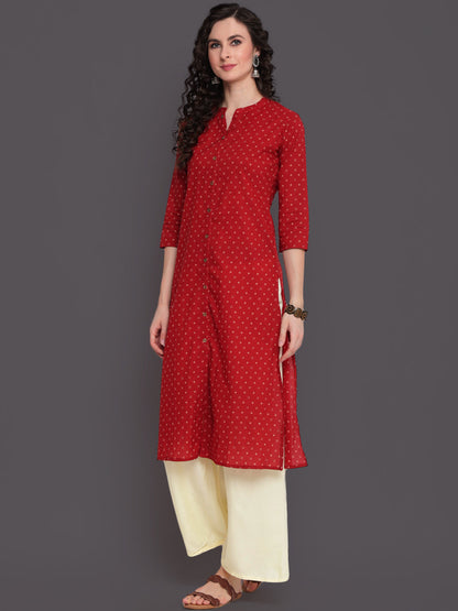 Printed Straight Calf Length 3/4 Sleeves Collor Neck Cotton Kurta
