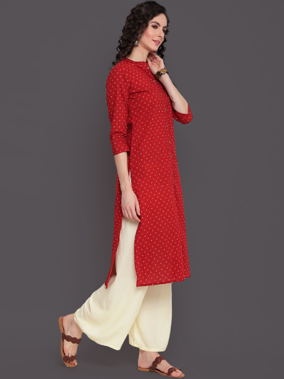 Printed Straight Calf Length 3/4 Sleeves Collor Neck Cotton Kurta